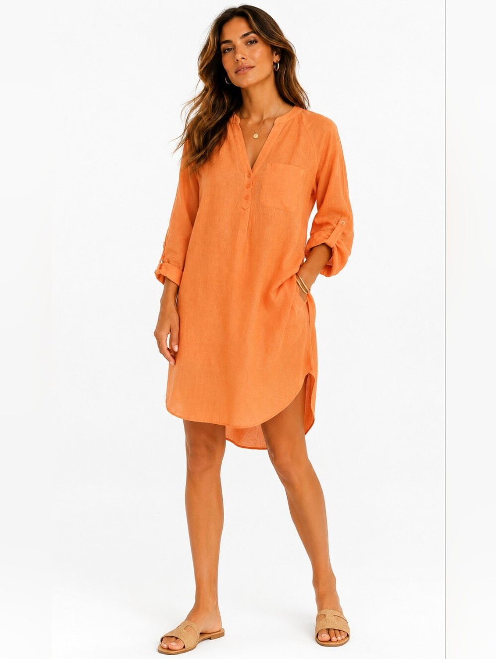 Martha Stewart 100% Linen Tangerine Shirt Dress Pocket Small Quiet Luxury